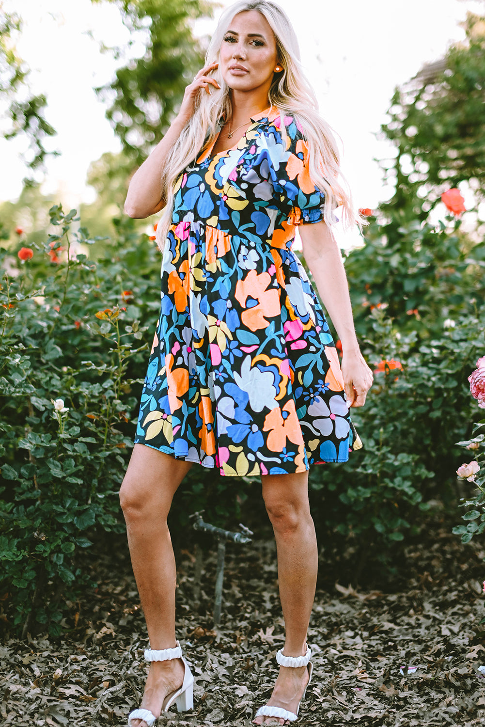 Alena Collared Split Neck Floral Flared Dress-3