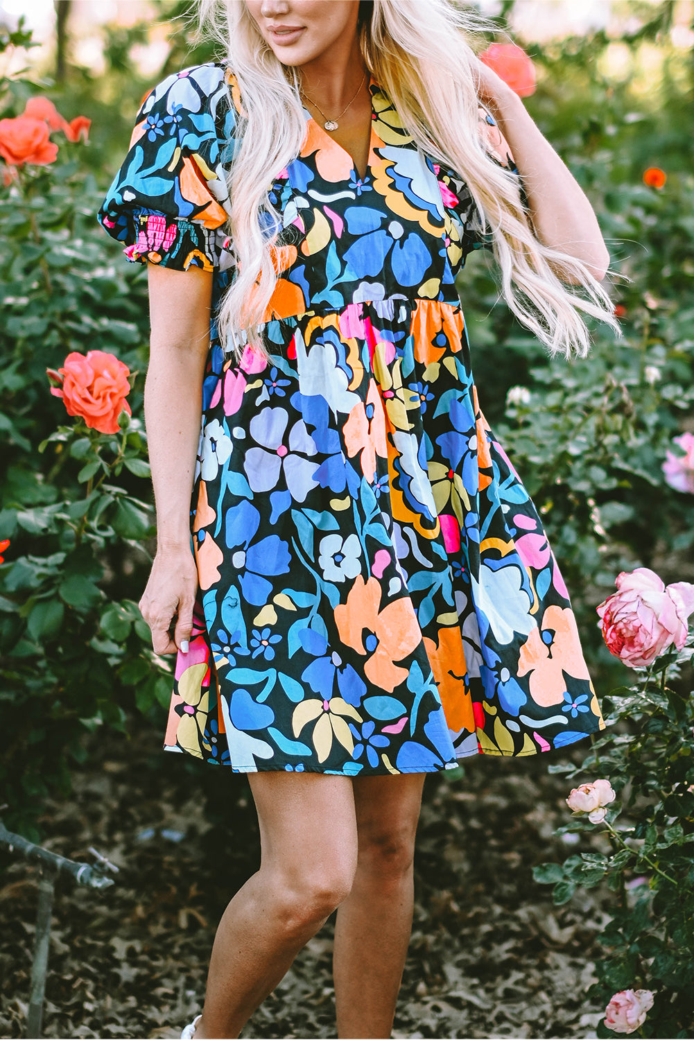 Alena Collared Split Neck Floral Flared Dress-0