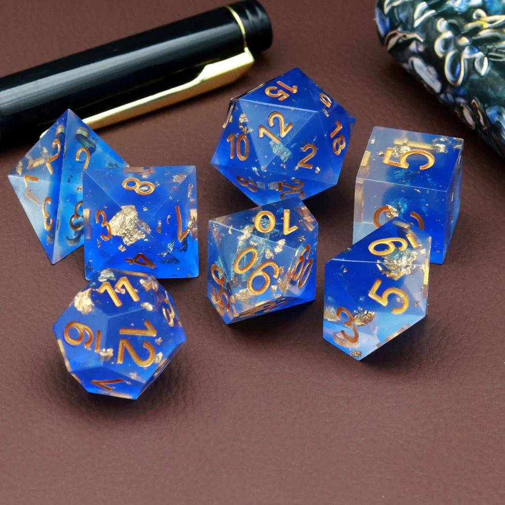 Sharp Edge: Blue Clear Gold Foil Dice Set - HartCentered