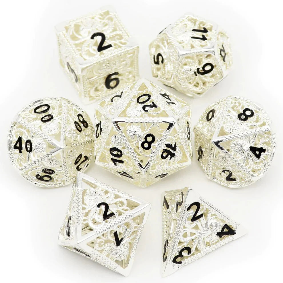Kraken: Hollow Metal Dice Set, Silver Black Numbers - HartCentered