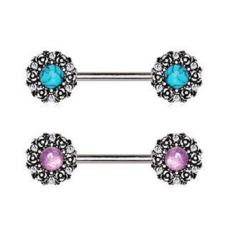 316L Stainless Steel Medieval Rose Nipple Bar Set with Stone Inlay-1