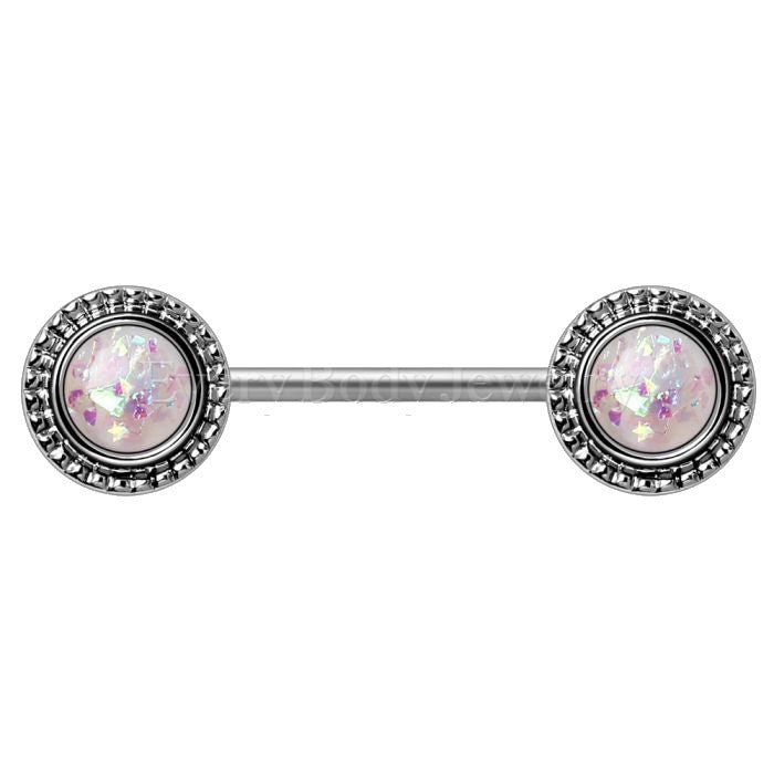 316L Stainless Steel Ornate White Synthetic Opal Nipple Bar-1