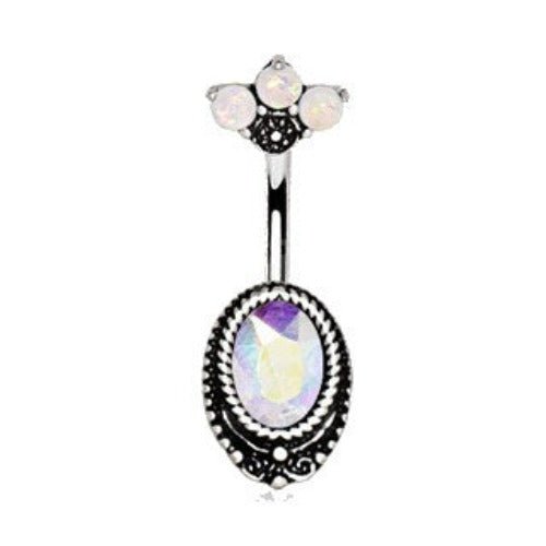 316L Surgical Steel Aurora Borealis CZ Navel Ring with Opal Fan Top-1