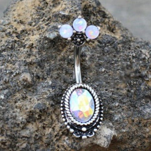 316L Surgical Steel Aurora Borealis CZ Navel Ring with Opal Fan Top-0