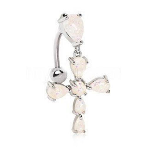 316L Stainless Steel White Synthetic Opal Cross Top Down Navel Ring-3