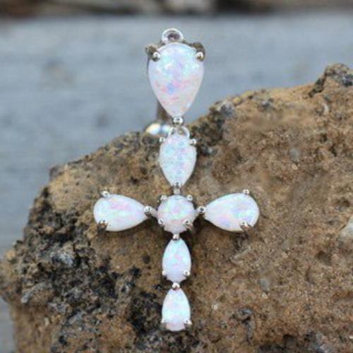 316L Stainless Steel White Synthetic Opal Cross Top Down Navel Ring-0