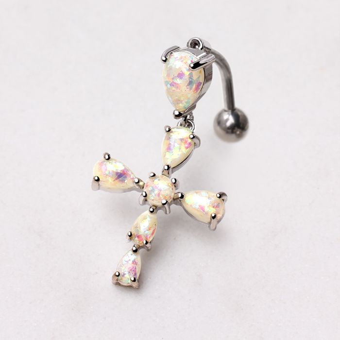 316L Stainless Steel White Synthetic Opal Cross Top Down Navel Ring-1