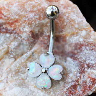 316L Stainless Steel White Synthetic Opal Clover Navel Ring-0