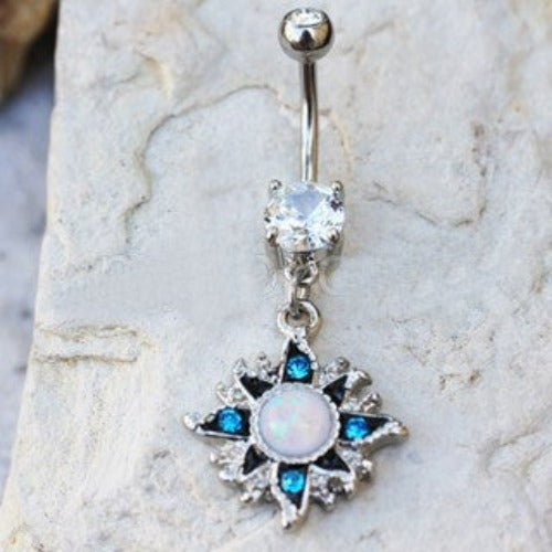 316L Stainless Steel White Opal Sunburst Navel Ring-0