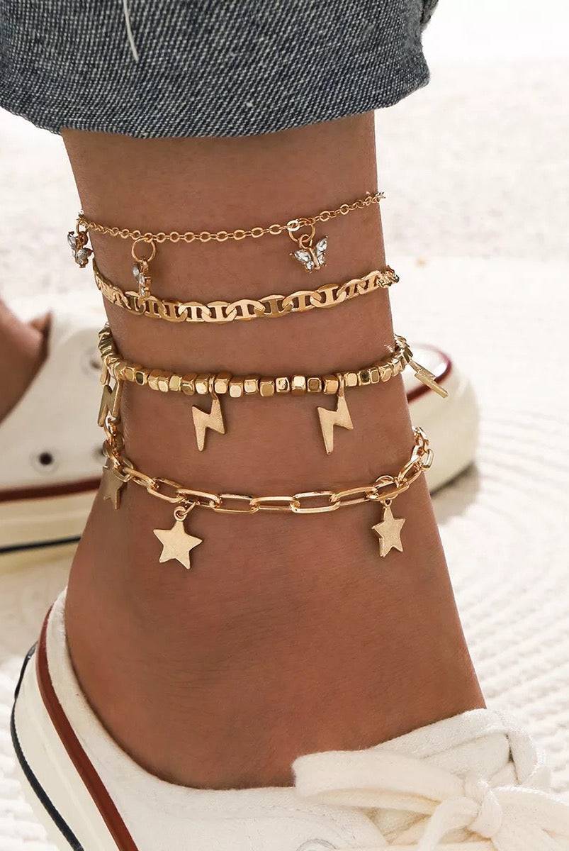 Trendy Anklet 4 pc Set | Gold-Plated Copper Ankle Bracelets