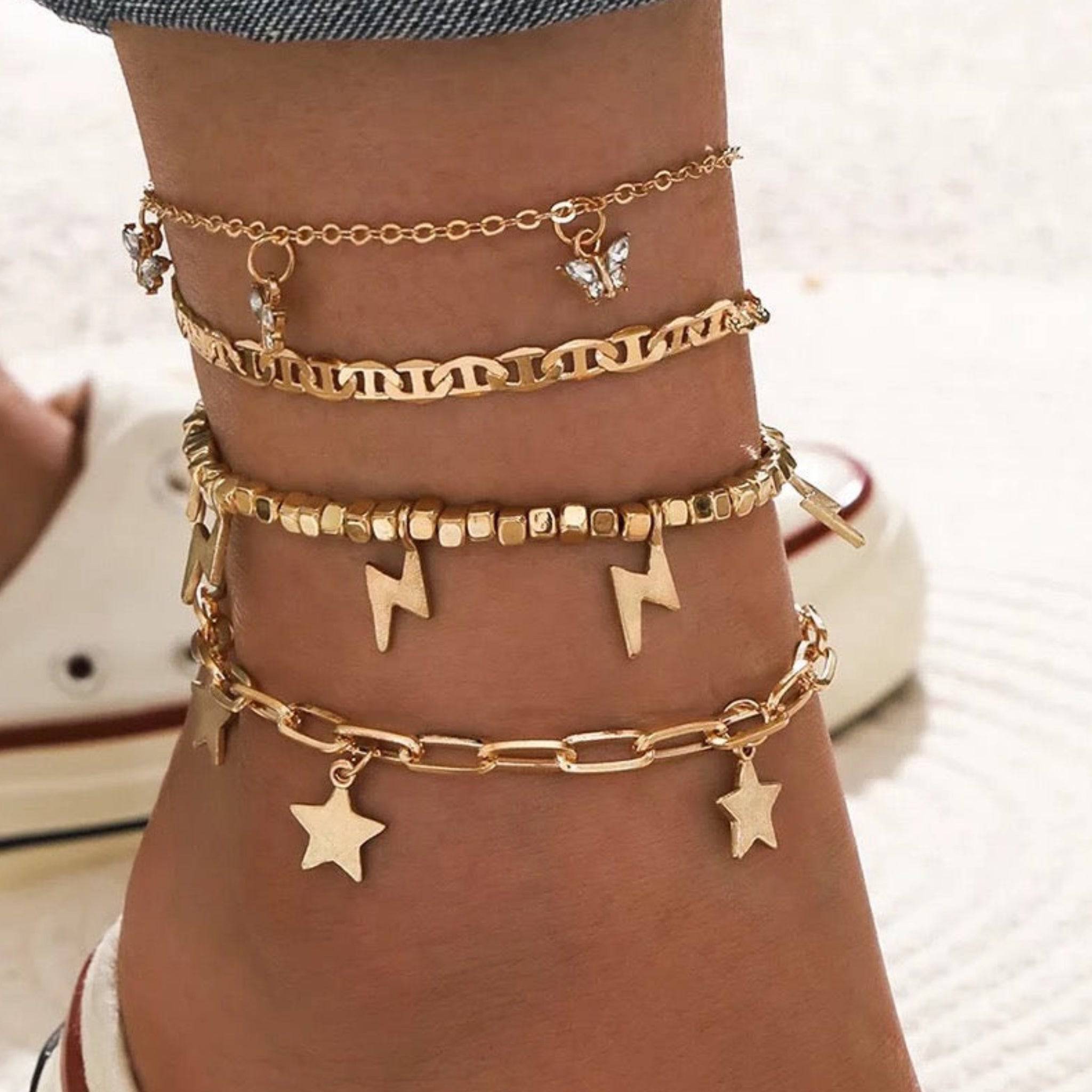 Trendy Anklet 4 pc Set | Gold-Plated Copper Ankle Bracelets
