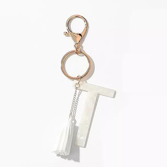 Tasseled Initial Key Chain, White-19