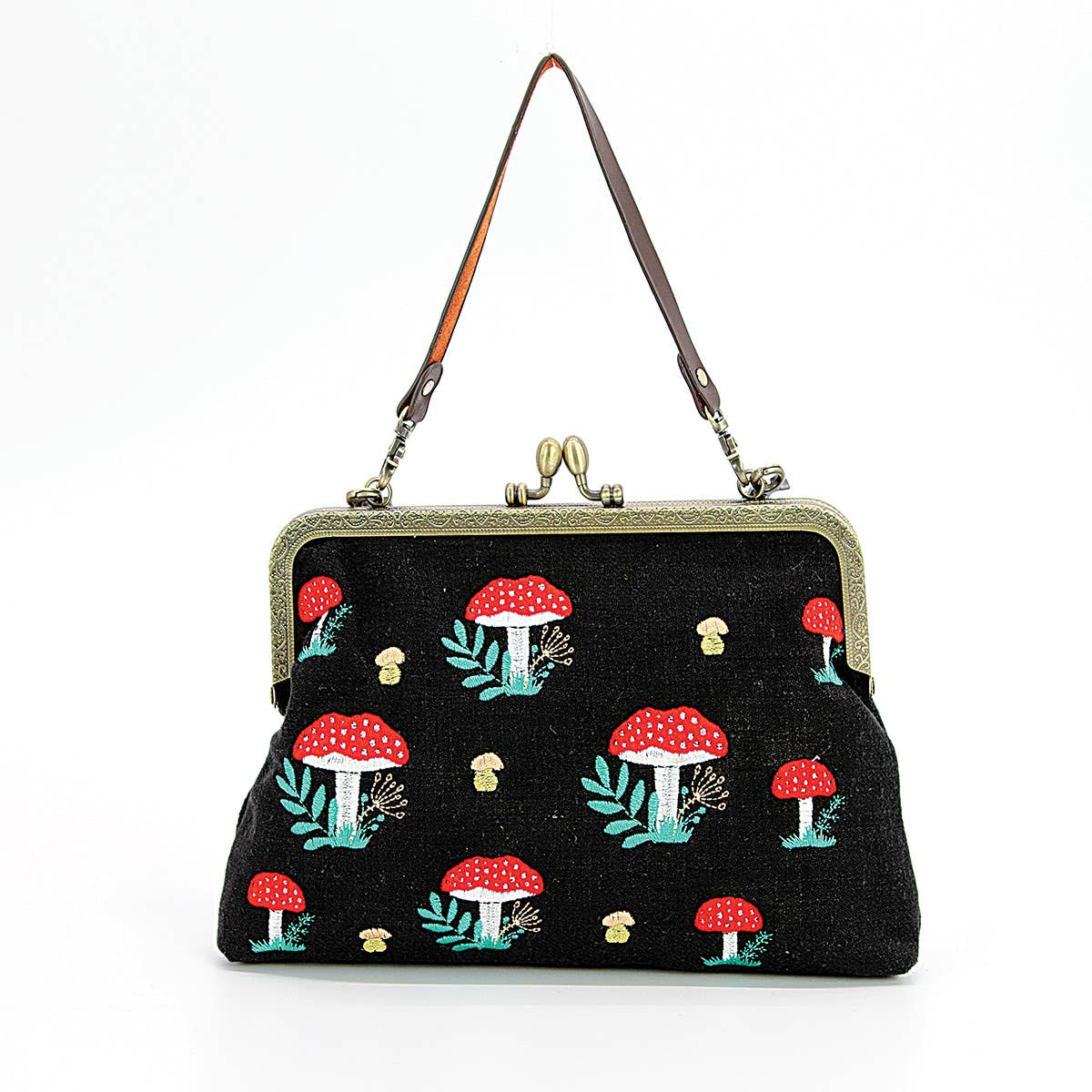 Mushrooms Kisslock Frame Handbag in Cotton: Black-0