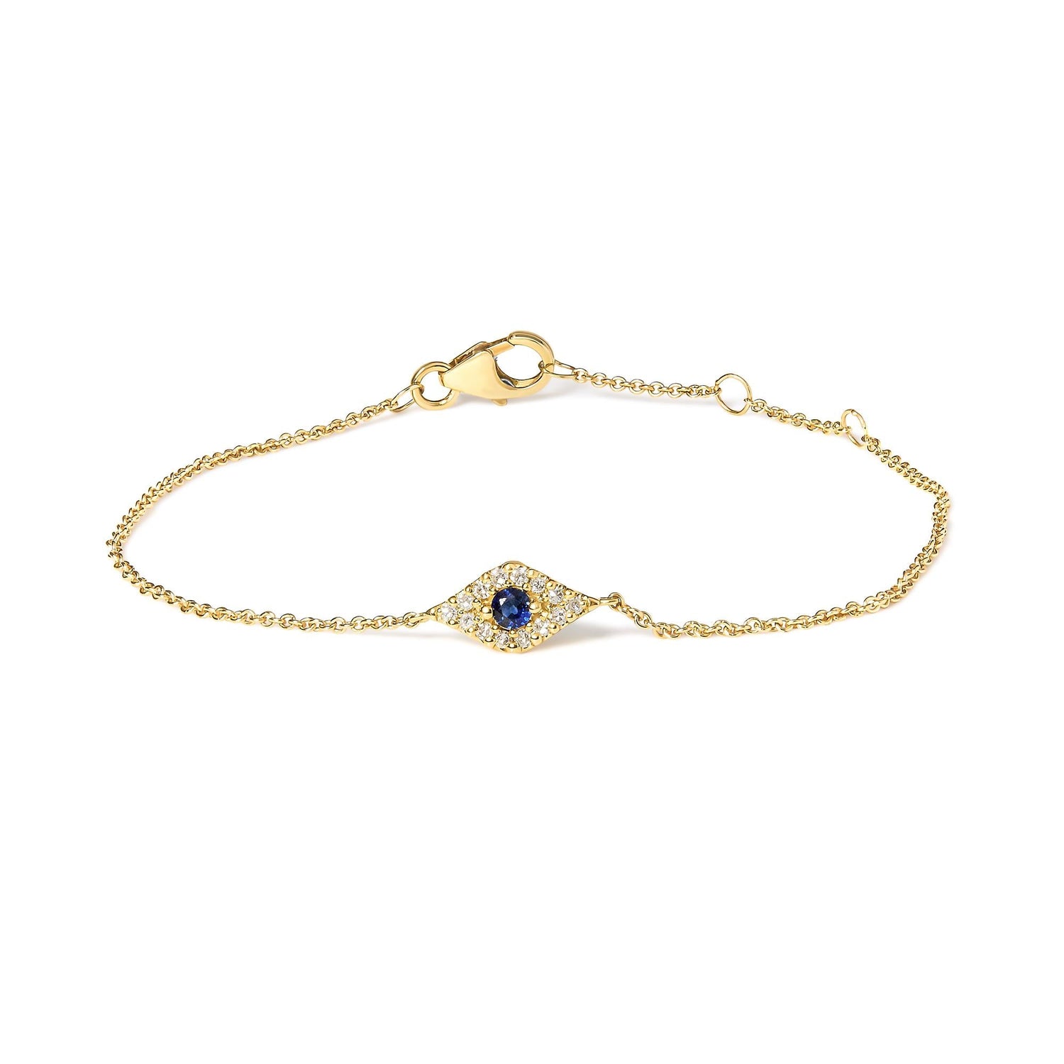 10K Yellow Gold Blue Sapphire and Diamond Accent Evil Eye Station Link Bracelet  (H-I Color, I1-I2 Clarity) - Size 7&quot;-0