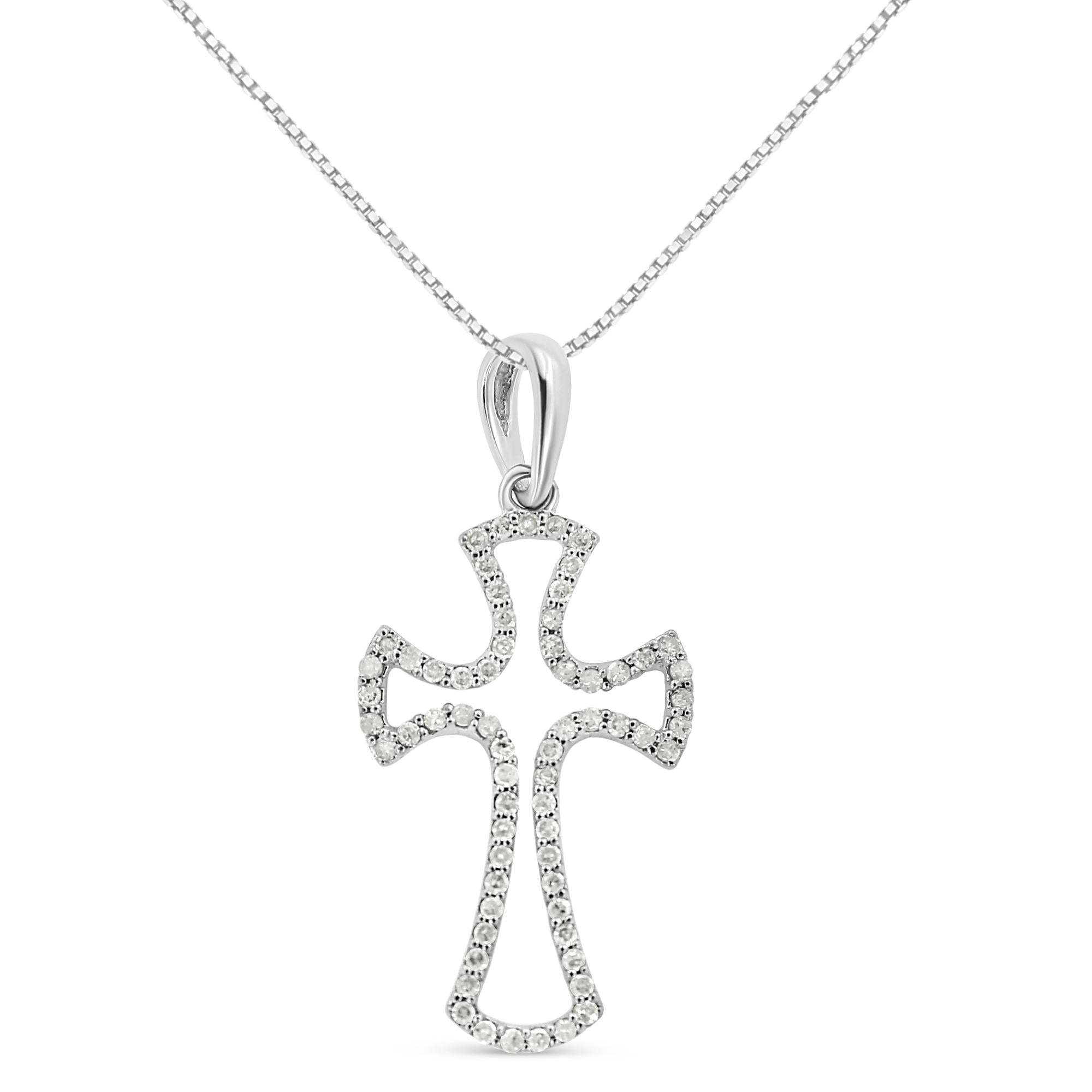 .925 Sterling Silver 1/3 Cttw Diamond Framed Open Cross 18&quot; Pendant Necklace (J-K Color, I2-I3 Clarity)-0