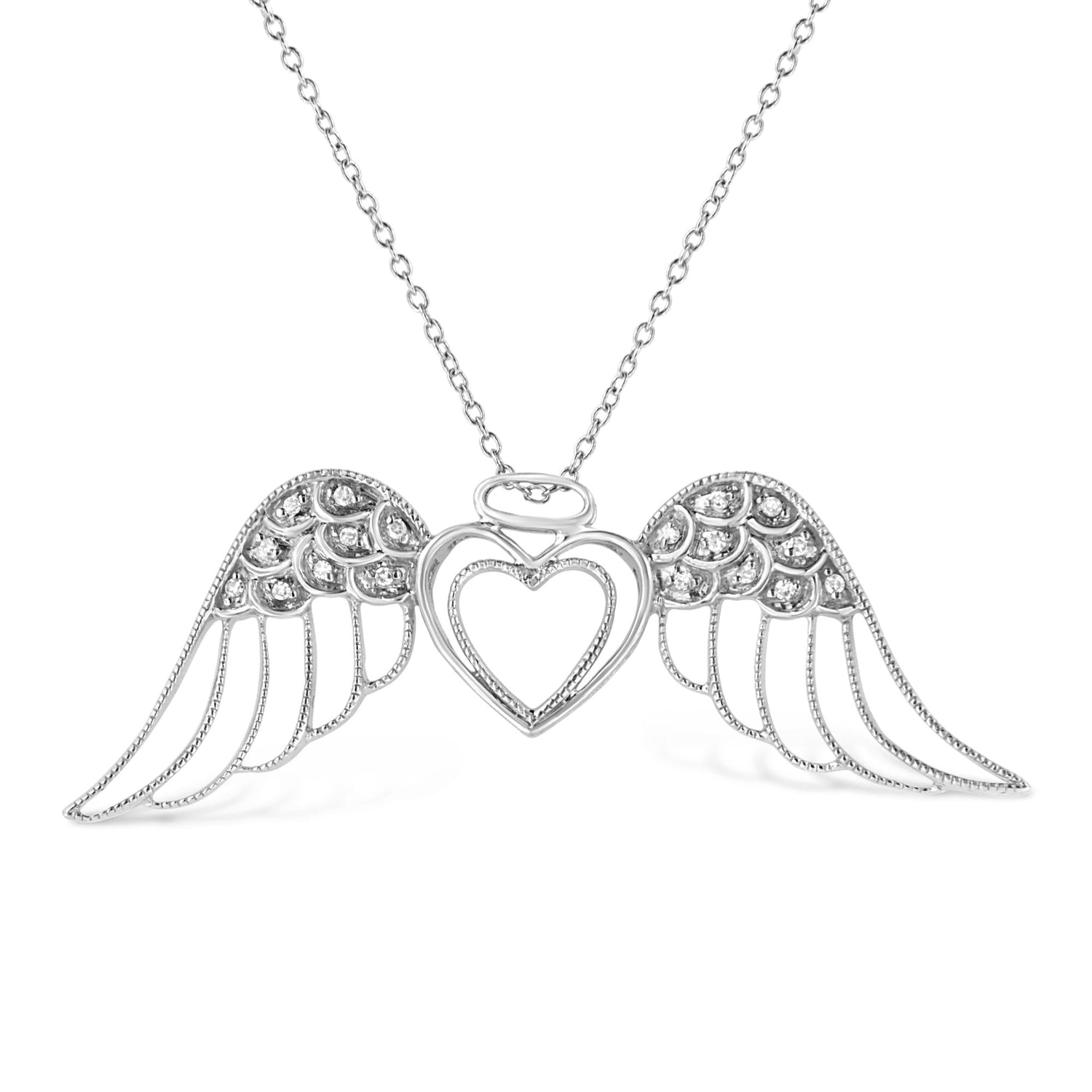 .925 Sterling Silver Pave-Set Diamond Accent Angel Wing 18&quot; Double Heart Pendant Necklace (I-J Color, I1-I2 Clarity)-0