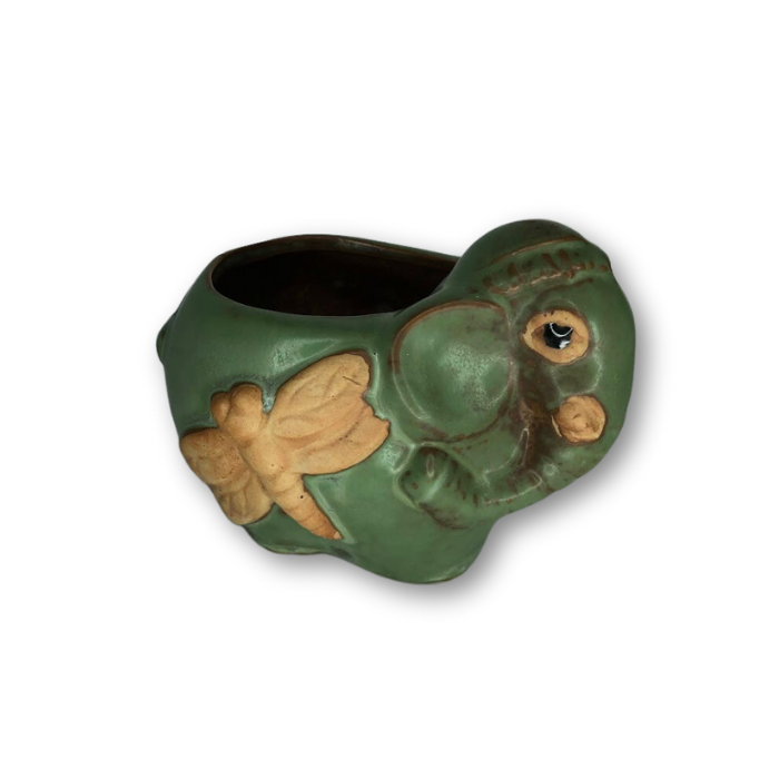 Rustic Antique Green Elephant with Dragonfly Flower Pot-0