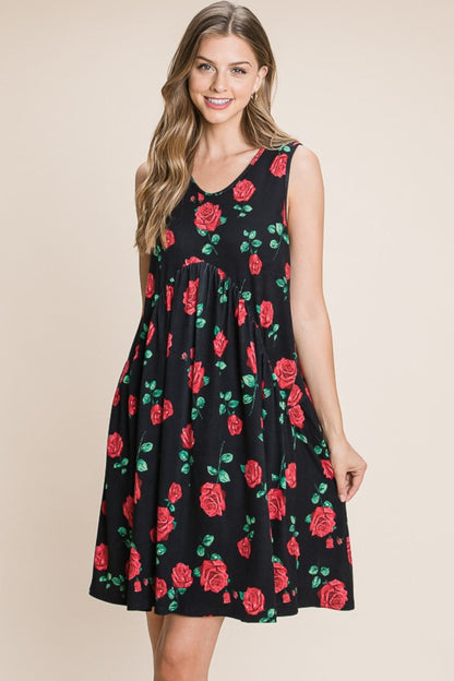 BOMBOM Floral Ruched Tank Dress-0