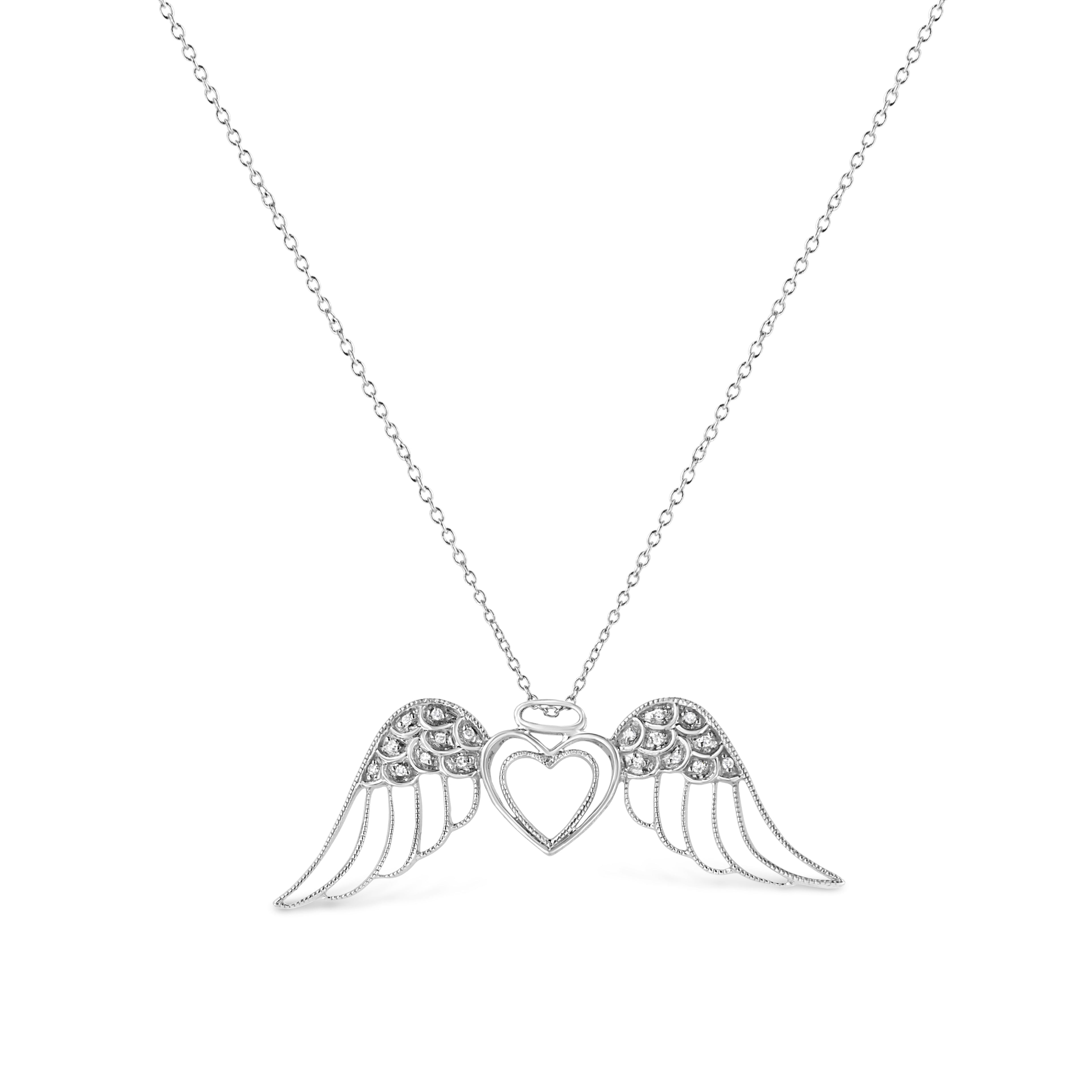 .925 Sterling Silver Pave-Set Diamond Accent Angel Wing 18&quot; Double Heart Pendant Necklace (I-J Color, I1-I2 Clarity)-1