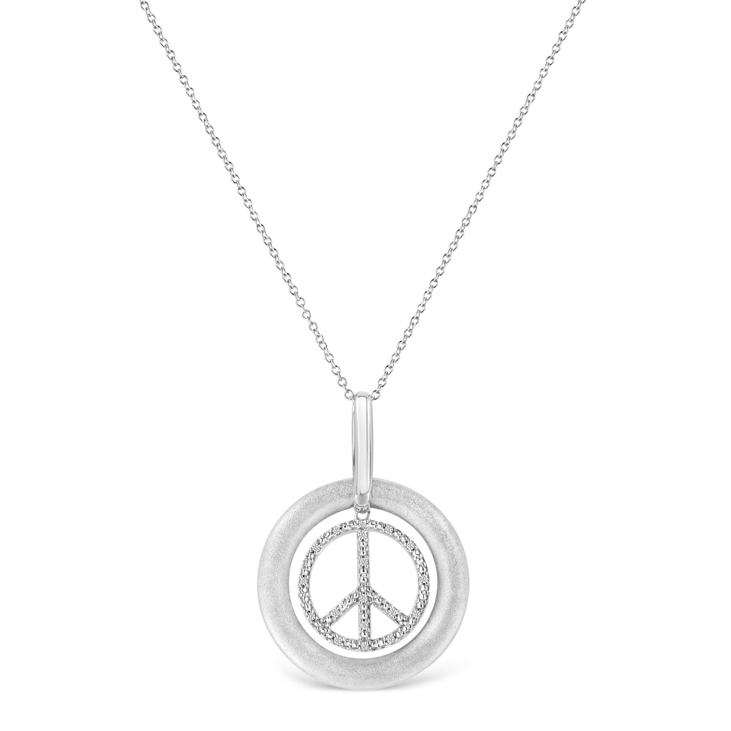 Matte Finish .925 Sterling Silver Diamond Accent Dancing Peace Sign 18&quot; Pendant Necklace (I-J Color, I1-I2 Clarity)-1