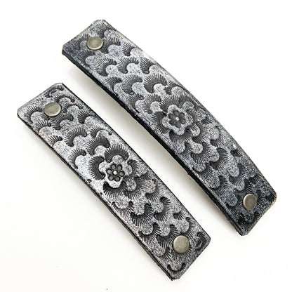 Silver &amp; Black Chrysanthemum Flower Tooled Leather Hair Barrette-1