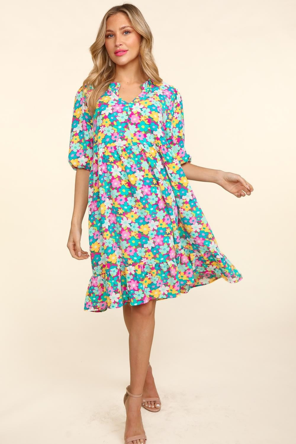 Haptics Bubble Sleeve Floral Ruffled Dress-0