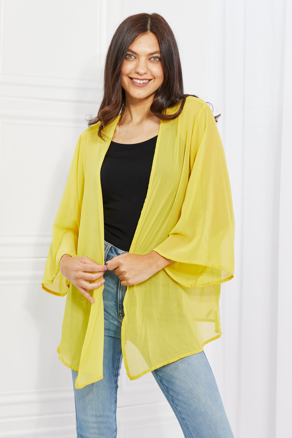 Melody Just Breathe Full Size Chiffon Kimono in Yellow-0