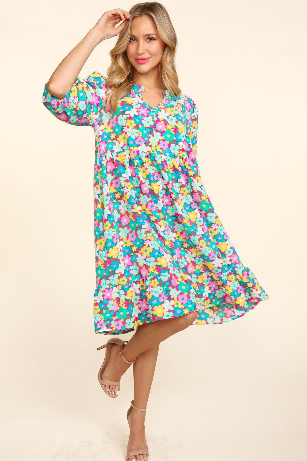 Haptics Bubble Sleeve Floral Ruffled Dress-3