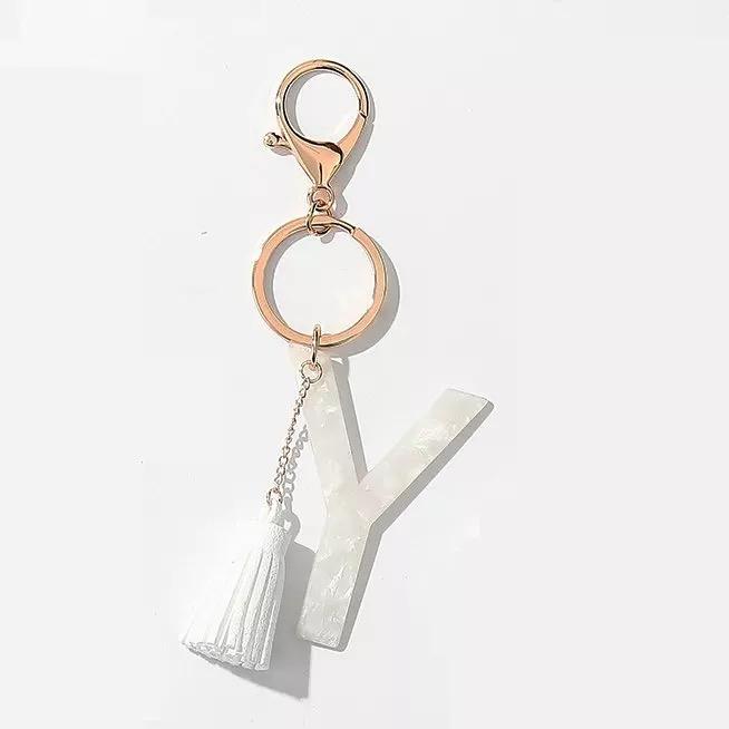 Tasseled Initial Key Chain, White-23