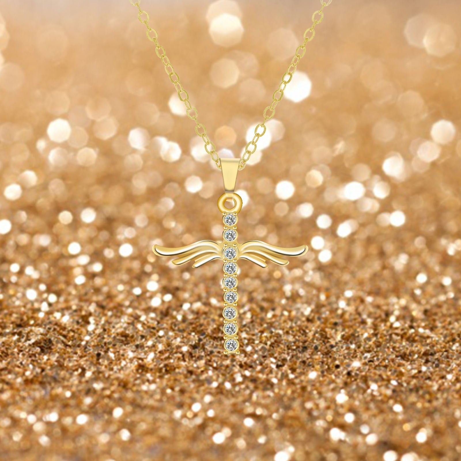 Simple Cross Diamond Angel Wings Pendant-5