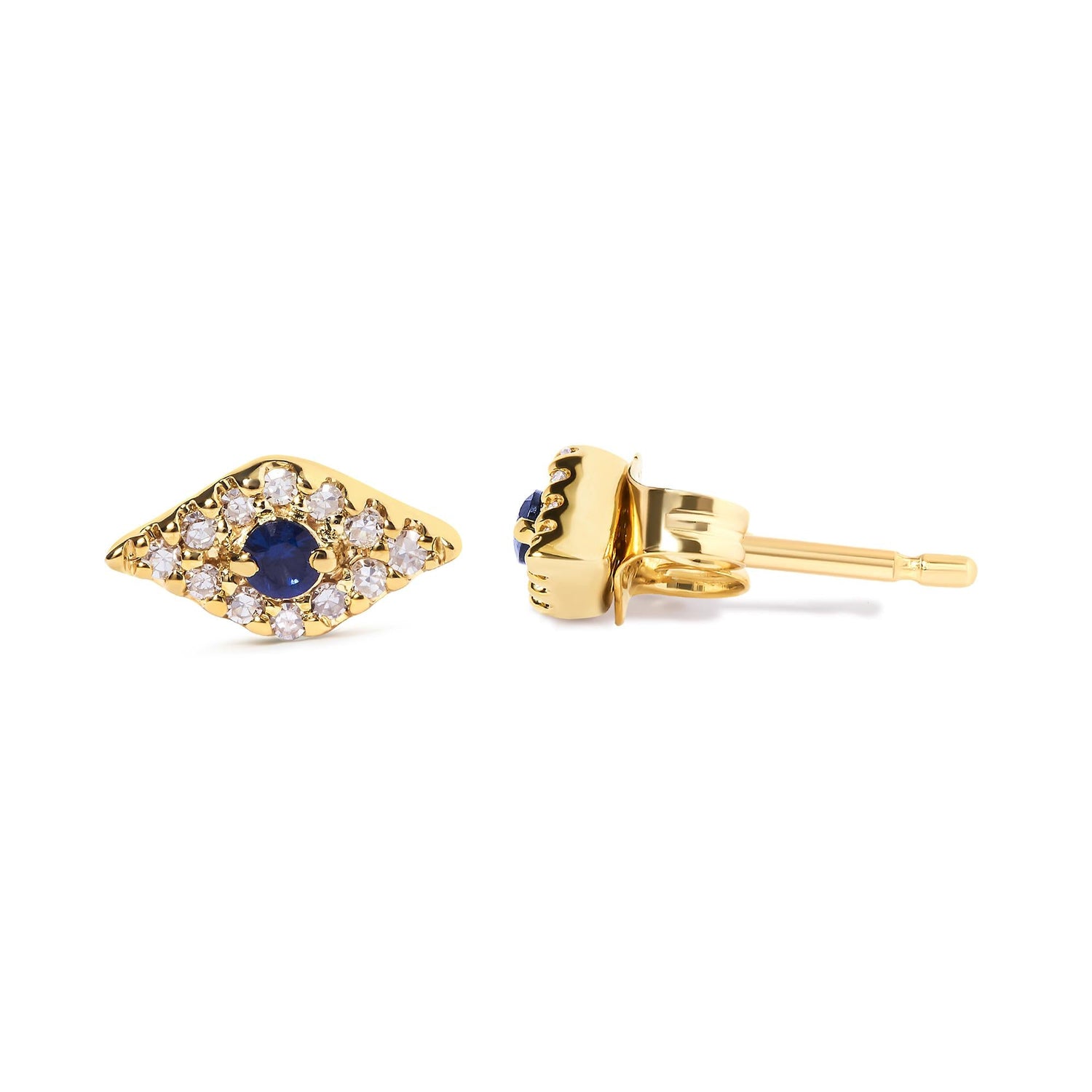 10K Yellow Gold Blue Sapphire and Diamond Accent Evil Eye Stud Earring (H-I Color, I1-I2 Clarity)-2