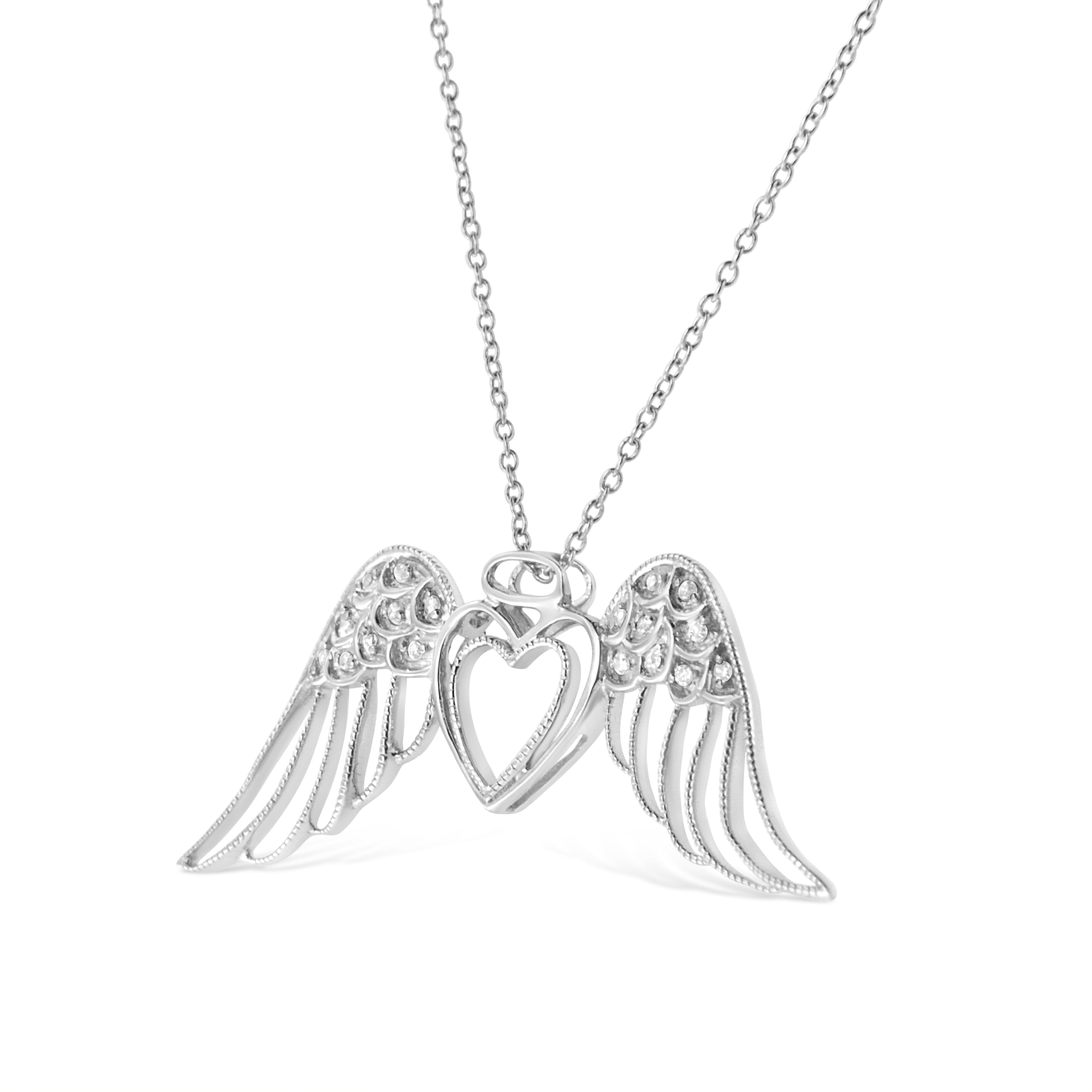 .925 Sterling Silver Pave-Set Diamond Accent Angel Wing 18&quot; Double Heart Pendant Necklace (I-J Color, I1-I2 Clarity)-2