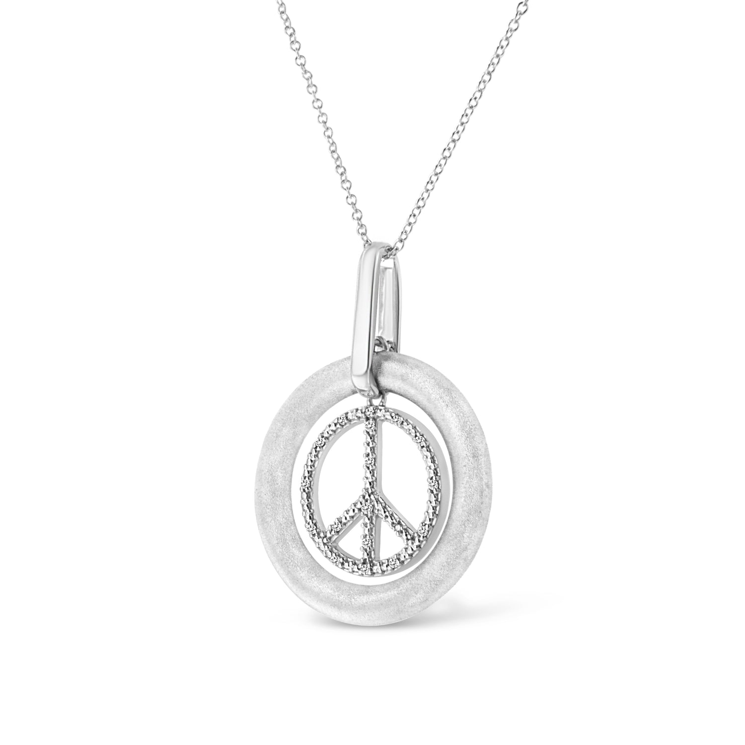 Matte Finish .925 Sterling Silver Diamond Accent Dancing Peace Sign 18&quot; Pendant Necklace (I-J Color, I1-I2 Clarity)-2