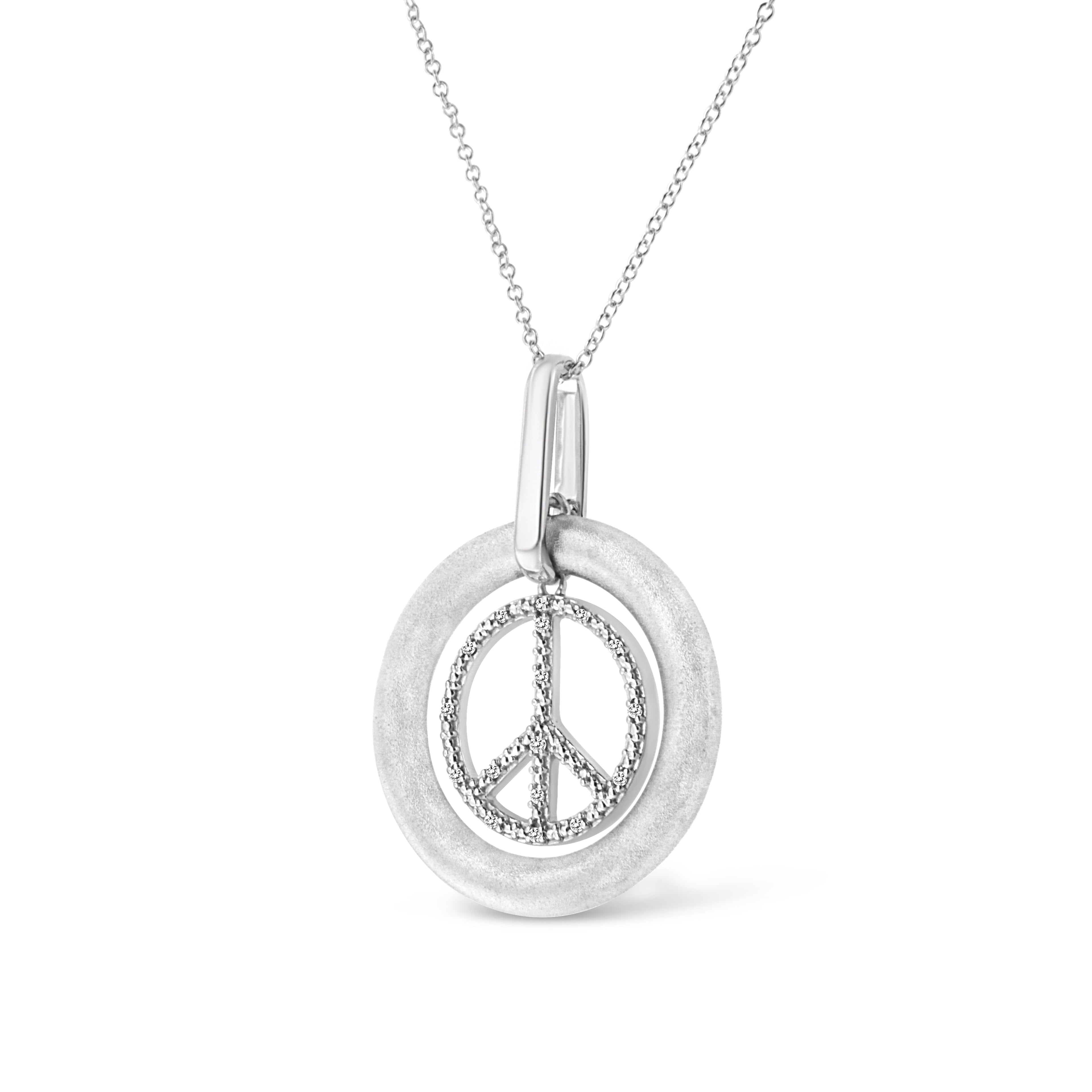 Matte Finish .925 Sterling Silver Diamond Accent Dancing Peace Sign 18&quot; Pendant Necklace (I-J Color, I1-I2 Clarity)-2