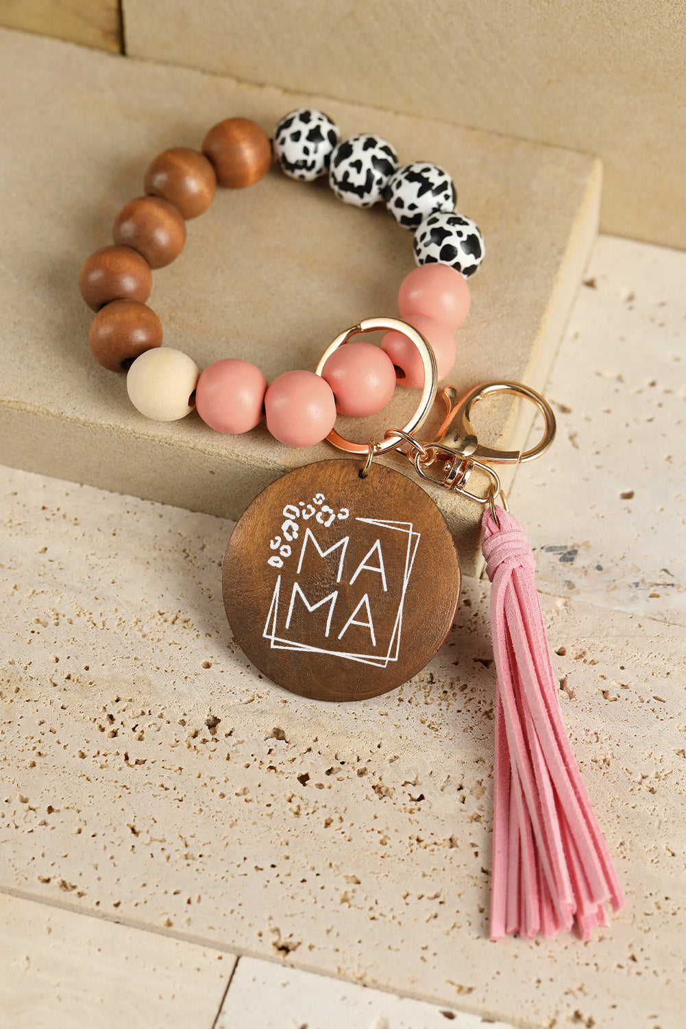 MAMA Wood Pendant Leopard Fringe Keychain-3