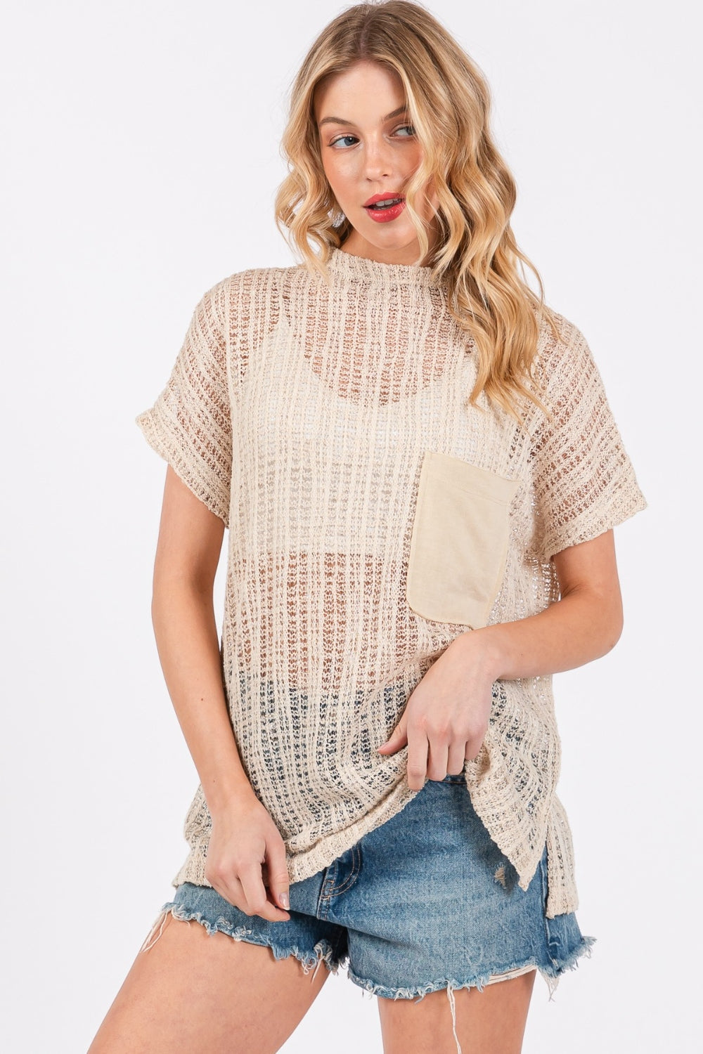 Ces Femme See Through Crochet Mock Neck Cover Up-0