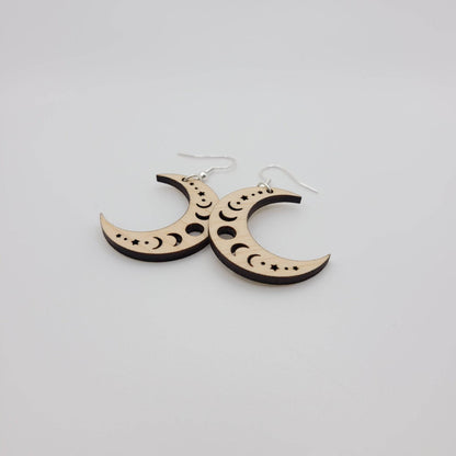 Crescent Moon Phases Dangle Earrings | Laser Engraved Wood