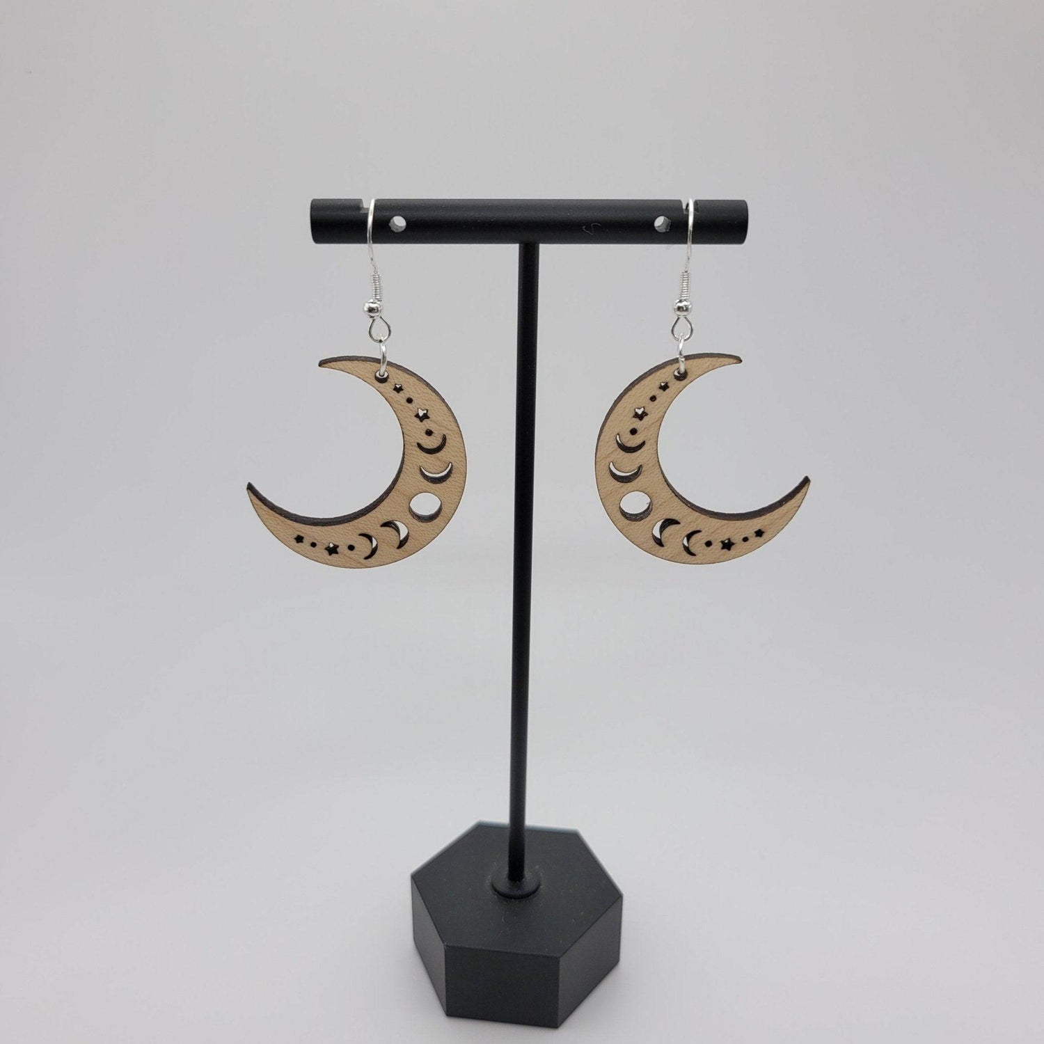 Crescent Moon Phases Dangle Earrings | Laser Engraved Wood