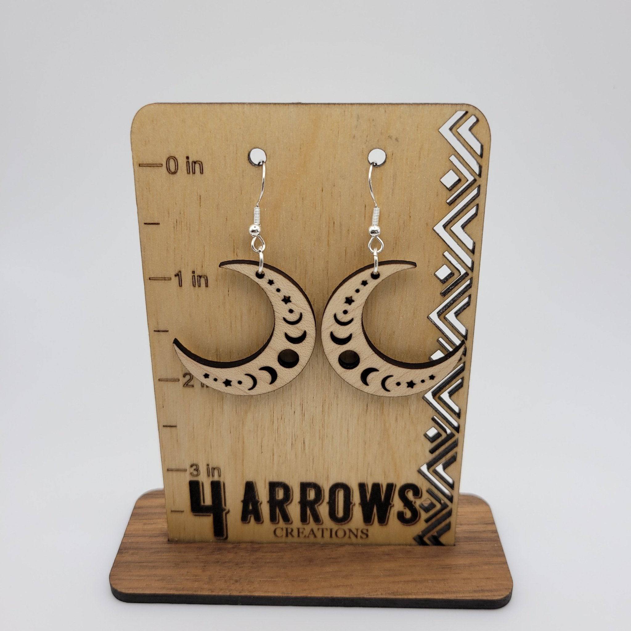 Crescent Moon Phases Dangle Earrings | Laser Engraved Wood