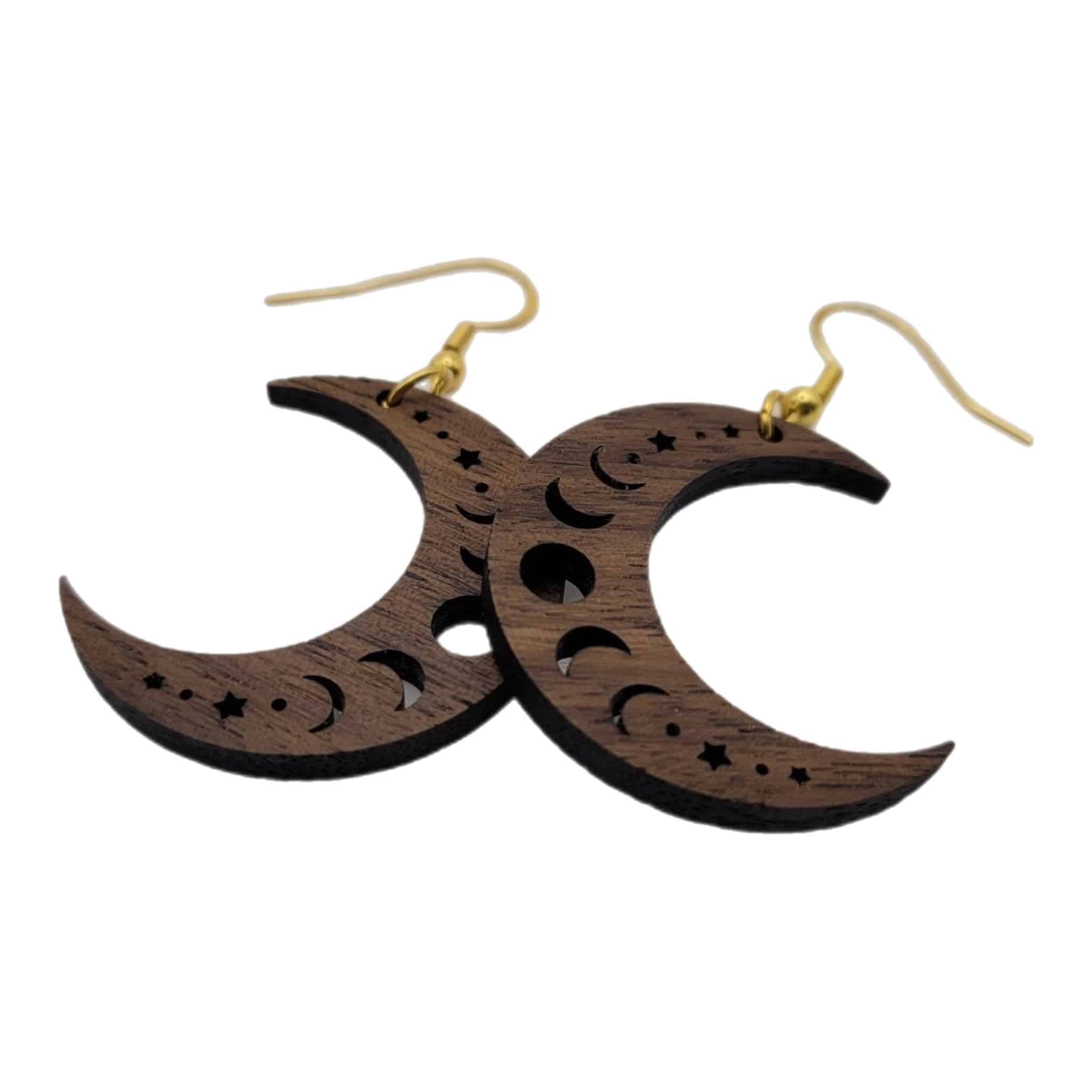 Crescent Moon Phases Dangle Earrings | Laser Engraved Wood