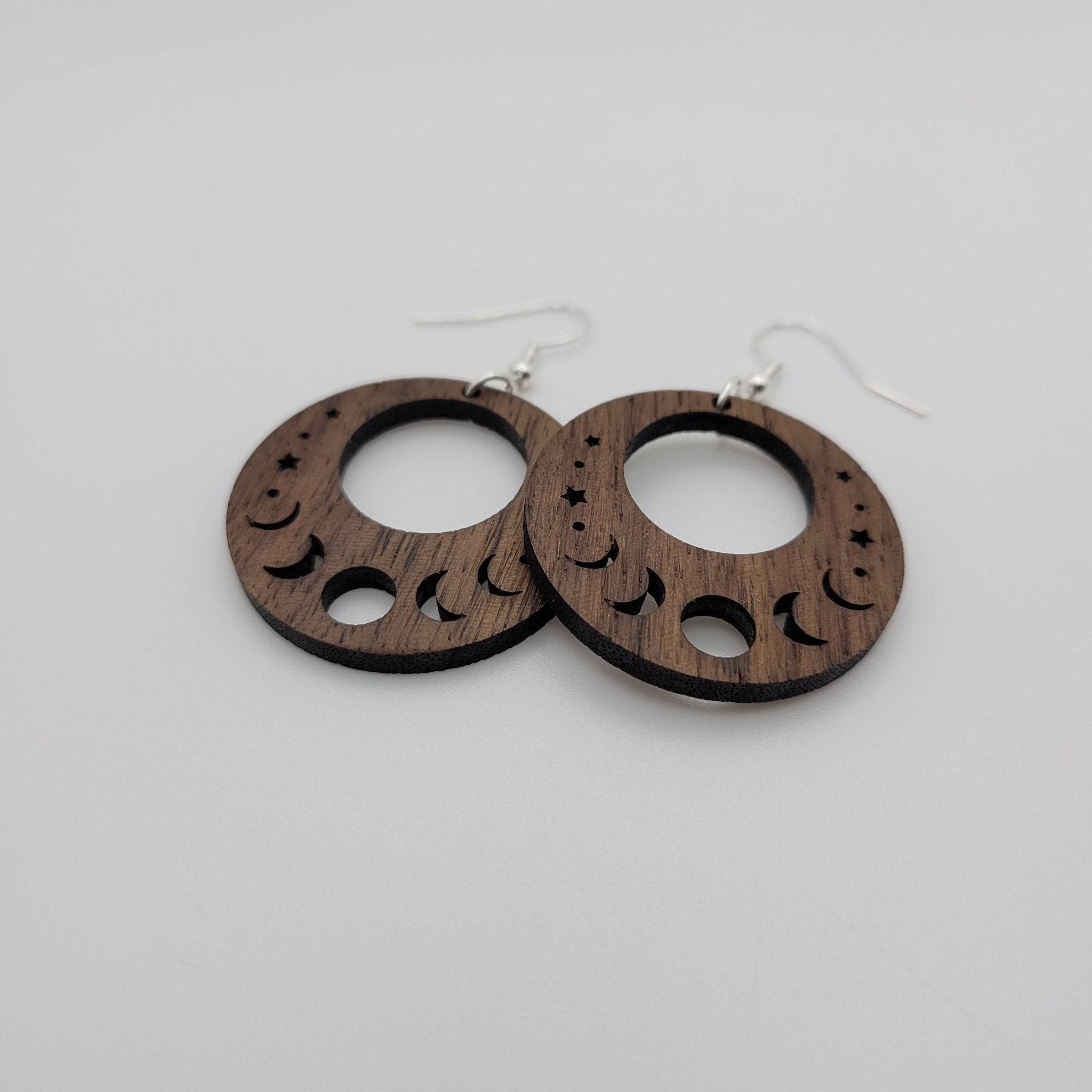 Moon Phases Dangle Earrings | Laser Engraved Wood