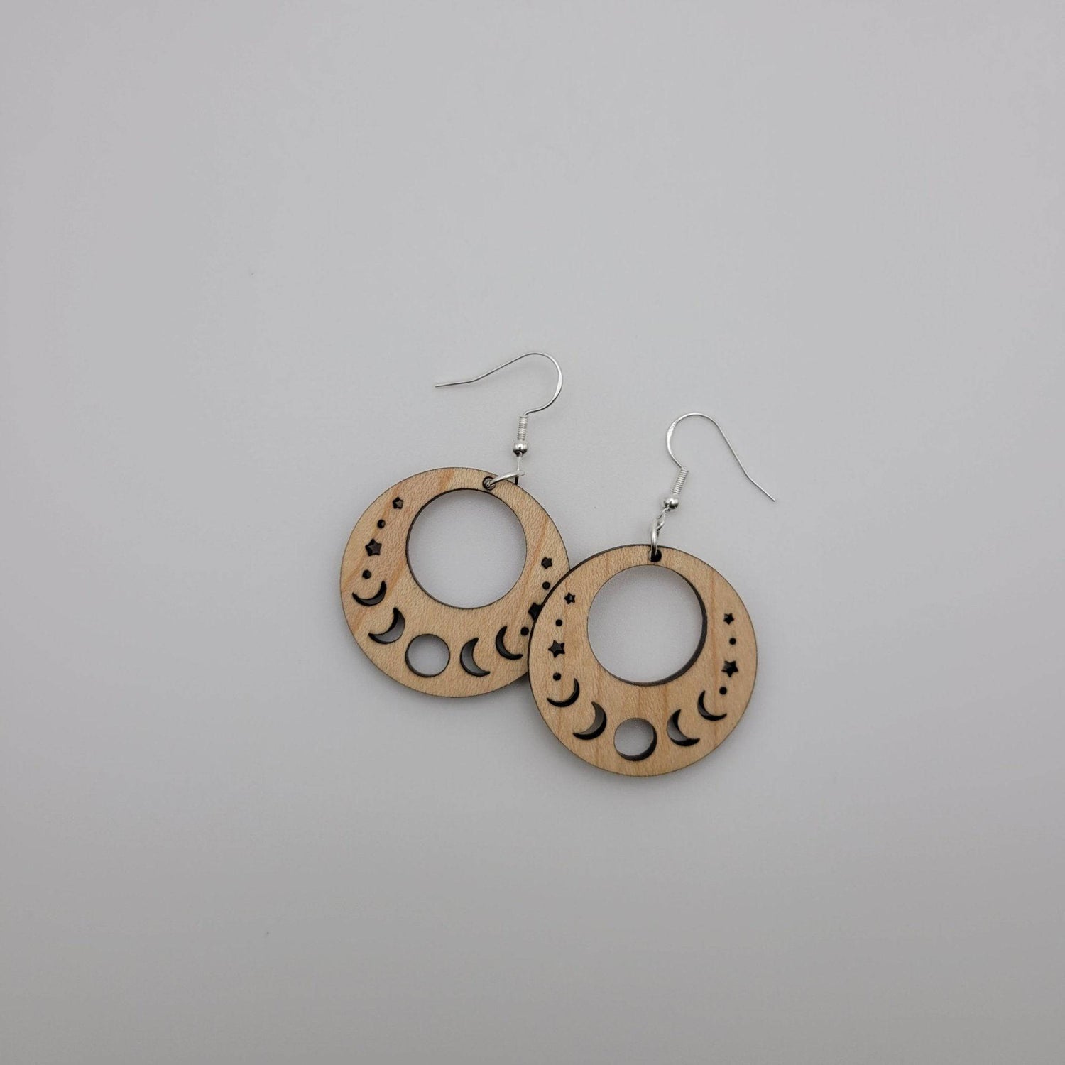 Moon Phases Dangle Earrings | Laser Engraved Wood