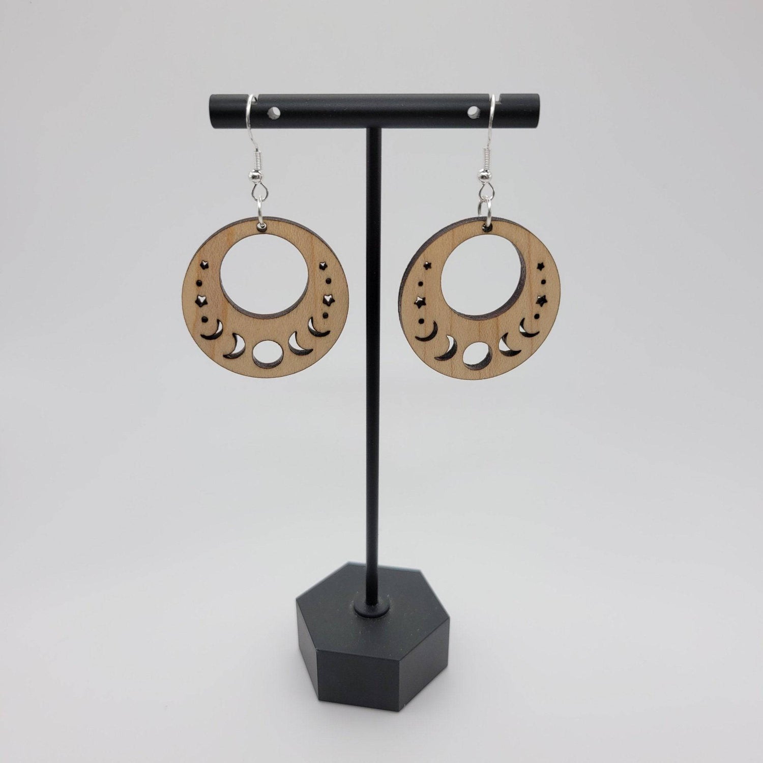 Moon Phases Dangle Earrings | Laser Engraved Wood