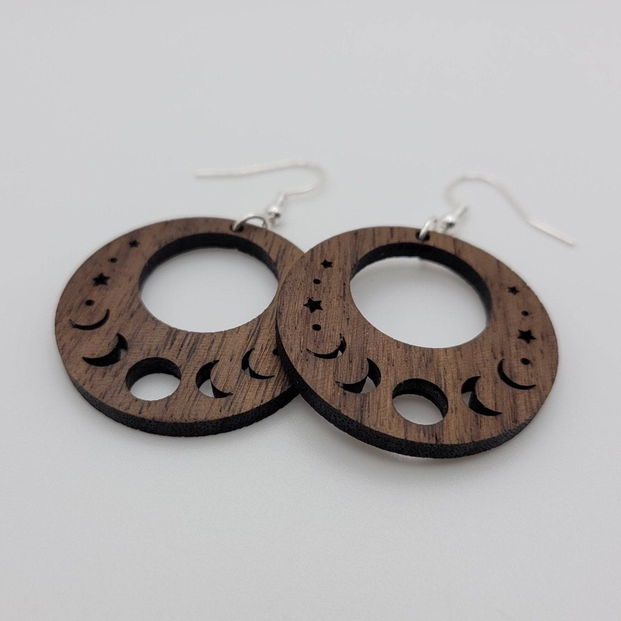 Moon Phases Dangle Earrings | Laser Engraved Wood