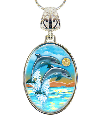 Flying Dolphins Pendant Necklace | Silver Plated | Mother of Pearl - HartCentered