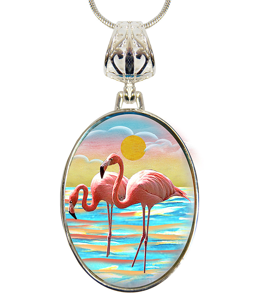 Flamingos Silver Plated Mother of Pearl Jewelry Pendant Necklace Coastal - 44046-0