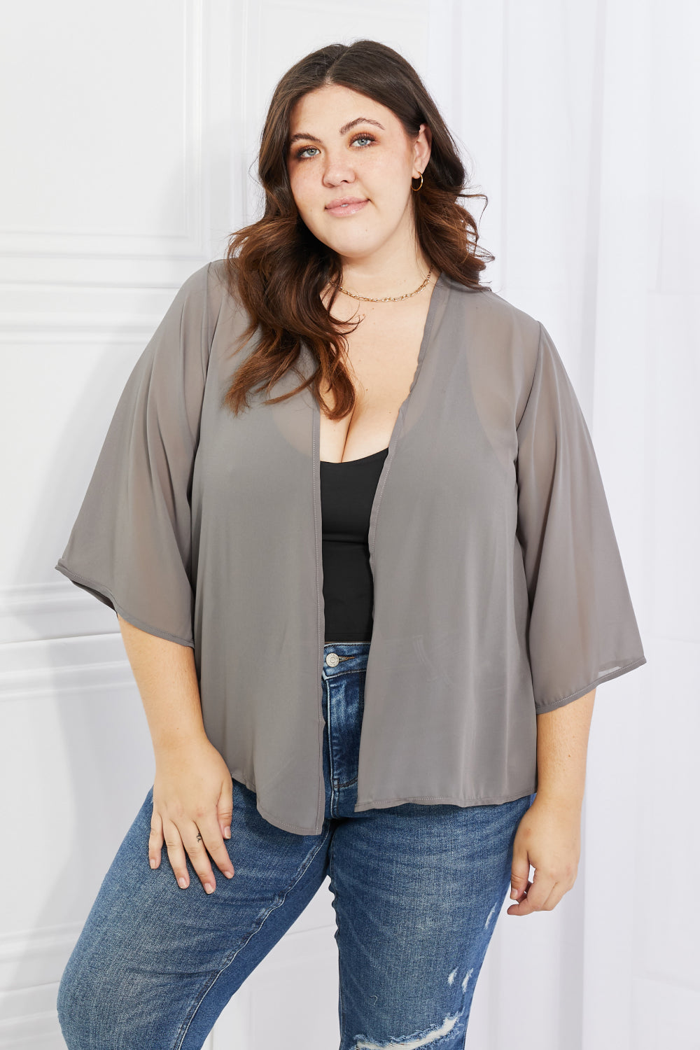 Melody Just Breathe Full Size Chiffon Kimono in Grey-0