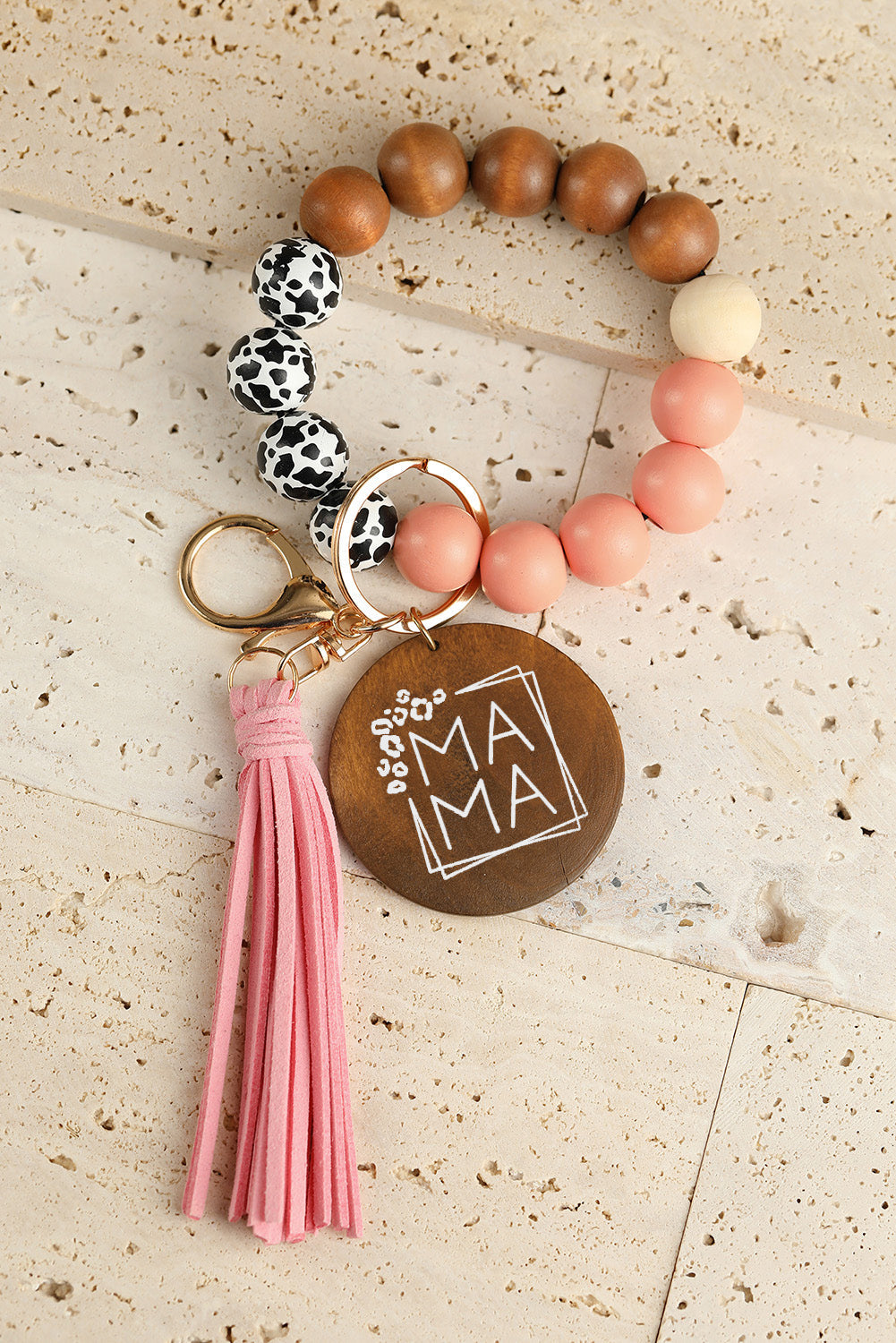 MAMA Wood Pendant Leopard Fringe Keychain-5