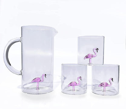 The Wine Savant Flamingo Pitcher &amp; 4 Glasses Set Decanter with 4 Pink Flamingo Glasses 9oz Elegant Glass Set, Great for Water Iced Tea, Sangria, Lemonade, and More! 1300ml 9&quot; H, Cute!-4