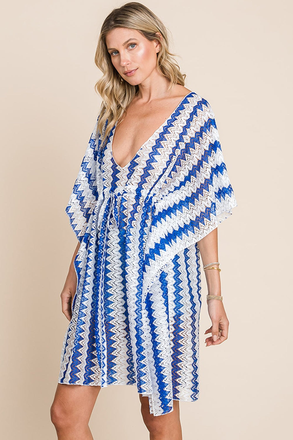 Cotton Bleu by Nu Lab Tied Striped Plunge Half Sleeve Cover-Up-2